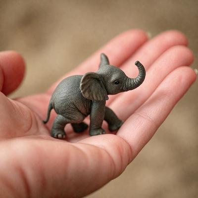The primary subject of the image is a small grey elephant figurine. The setting is a person's hand, with the elephant figurine placed inside the palm. The visual style appears to be a photo, capturing the intricate details of the figurine. The colors and mood of the image are predominantly neutral, with the grey elephant figurine being the main focal point.